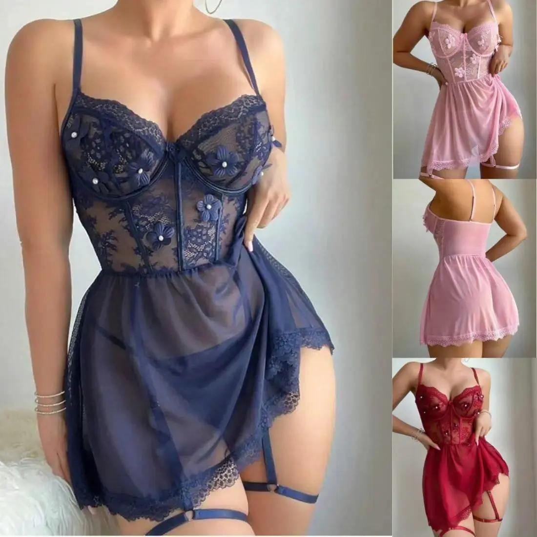 Women's 3-Piece Lingerie Set for Women - Sheer Mesh & Cotton Babydoll with Suspender Accents, Wireless Loungewear, Breathable Machine Wash Sleepwear for Romance & Date Night, Lingerie For Women