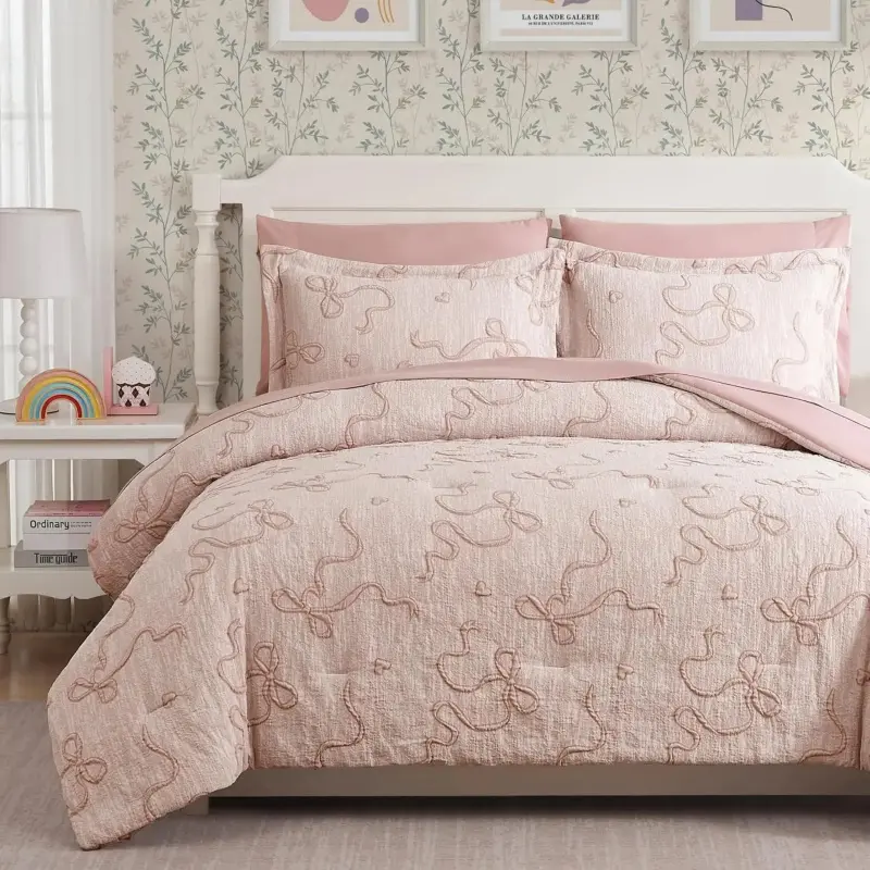Girl's Pink Double Bow Jacquard Bedding Set - 3-Piece Classic Cooling Farmhouse Animal Theme Bedding, Includes Duvet Cover, Sheet, Pillowcase, Durable, All-Season, Stylish, Multiple Sizes, Wrinkle Resistant, Ideal Gift for Teen Girls, Family, Bedroom Deco