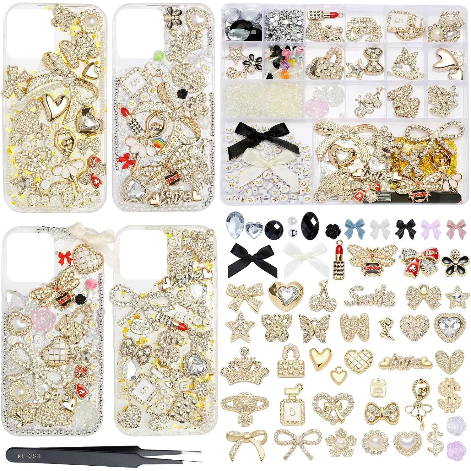 EIiovcnya 2380 Pcs Junk Case Charms Kit - DIY Phone Charms & Nail Art Accessories Includes 3D Flatback Big Decorations, Cute Bows & Letter Beads for Customizing Cases, Crafts, Mother's Day