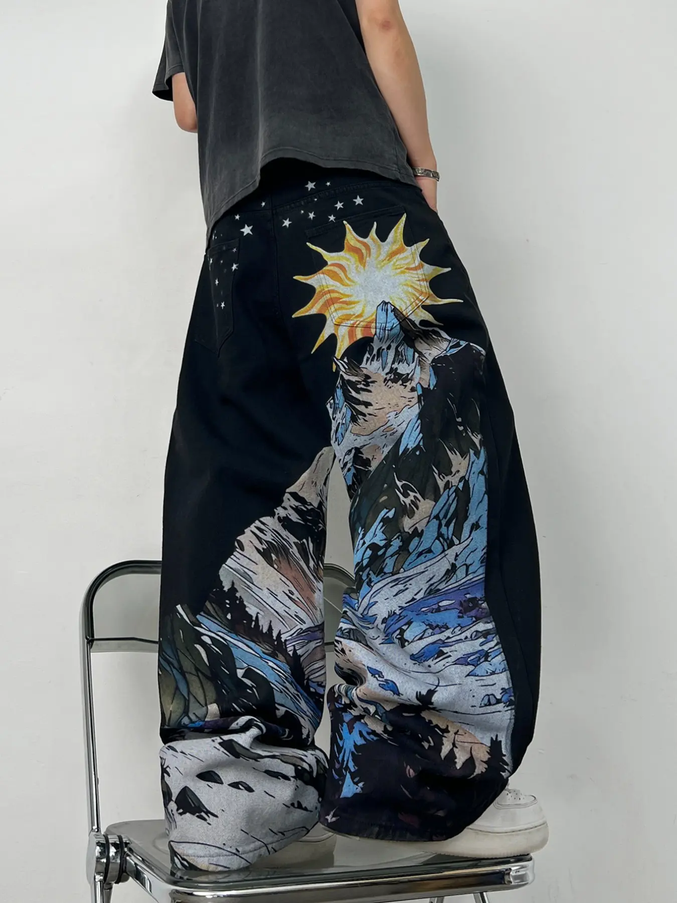 Men's Denim Jeans, Unique Sun Star Mountain Print, Straight Leg Wide Leg Loose Jeans, Y2K Street Fashion, Casual Long Pants for All Seasons
