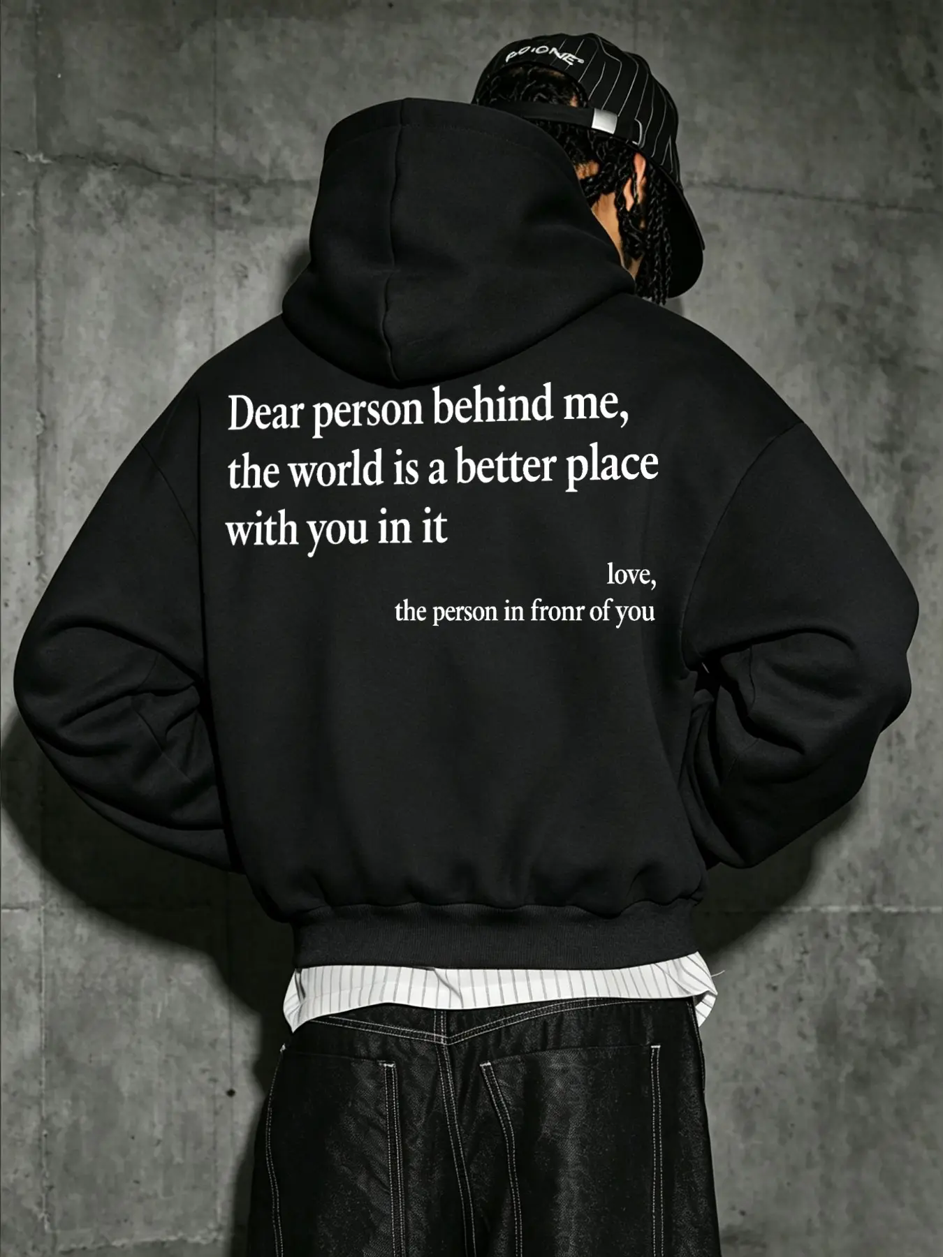 Men's casual athletic hoodie featuring a warm fleece lining and a minimalist slogan graphic; designed with a simple, lightweight, and relaxed fit—ideal for daily casual wear or commuting.