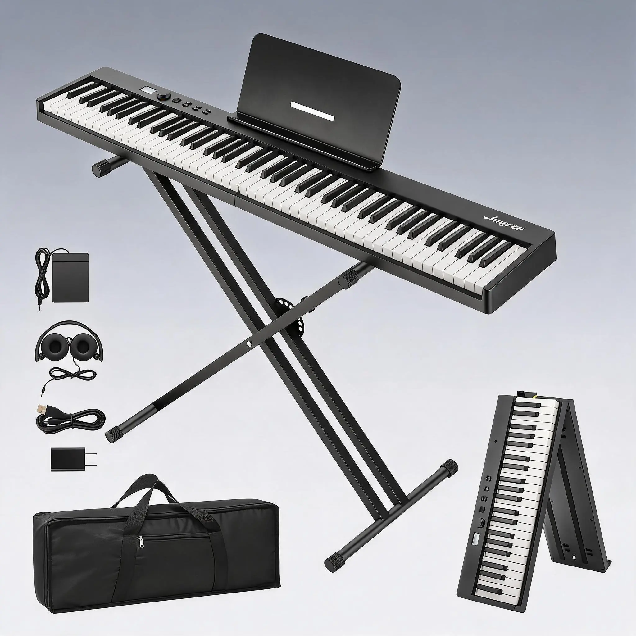 Folding Piano Keyboard,Full Size 88 Key Semi Weighted Keyboards Electric Piano,Portable Keyboard Digital Piano with Stand,Sustain Pedal,Headphones,Handbag,Bluetooth,USB MIDI for Beginner