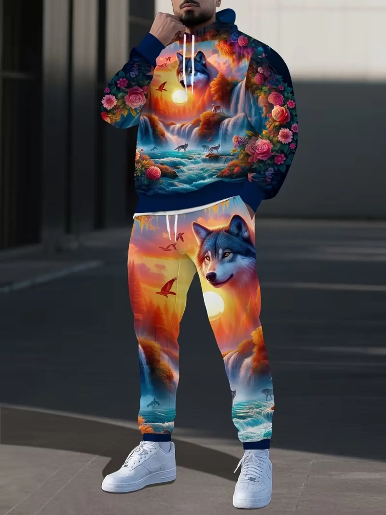 Men's Vintage Wolf Landscape Full Print Hoodie and Sweatpants Set, Trendy Loose Streetwear Two-Piece, Casual Sports Apparel