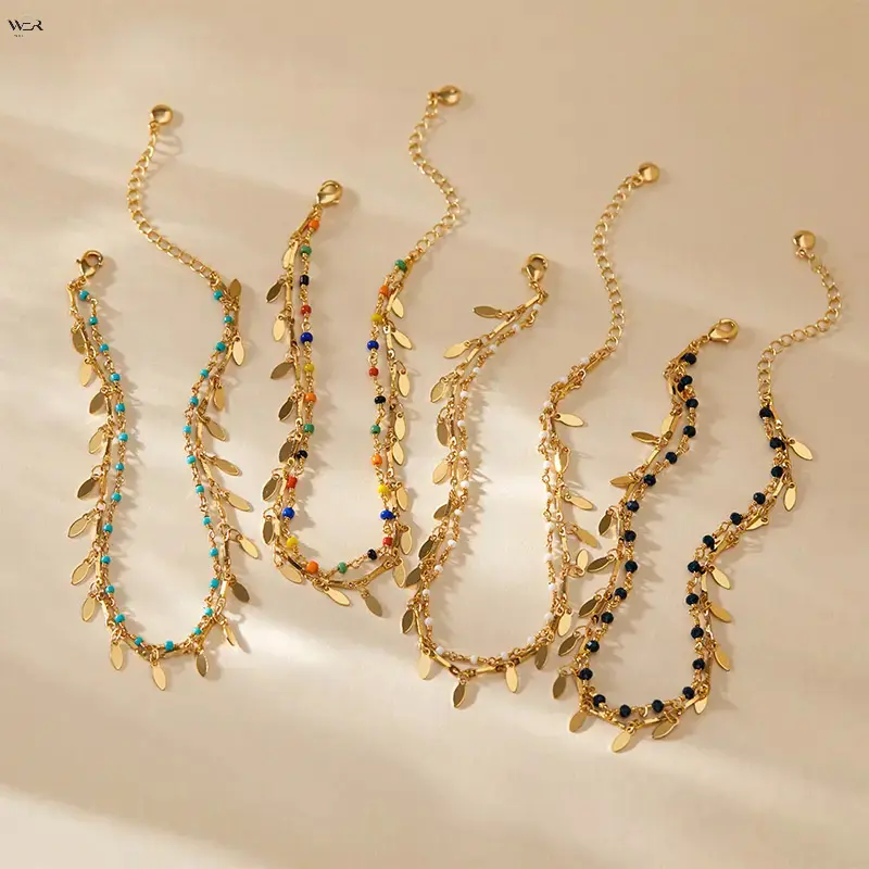 Women's Bohemian Gold Leaf Beaded Ankle Bracelet - Adjustable Length Tassel Foot Chain, Multi-Color Tiny Seed Beads, Waterproof Summer Beach Anklets for Women Jewelry