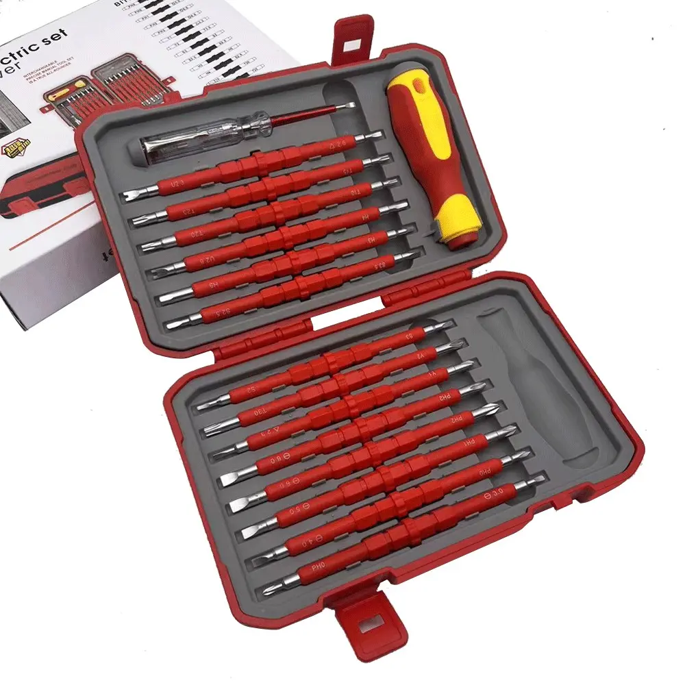 Electrical insulated screwdriver set, including live wire and neutral wire measuring pen, magnetic cross and flat head drill bit, household and electrical maintenance electrician tool kit, Multifunctional Screwdriver