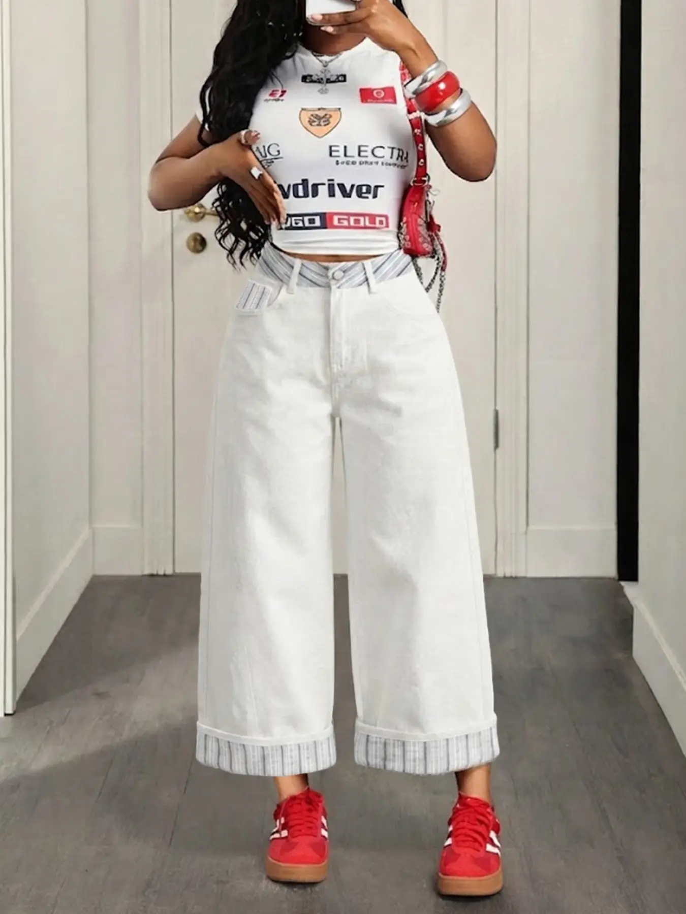 Women Cuffed Wide Leg Oversized Jeans, Striped Waist & Hem Contrast Denim, Cropped Loose Casual Trousers, Mid Waist, All Seasons