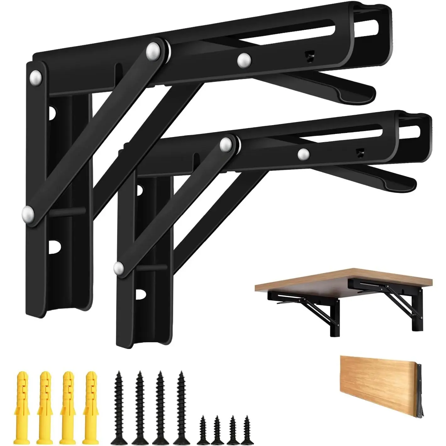 Folding Shelf Brackets, Collapsible Heavy Duty Shelf Brackets for Fold Down Desk, 12 Inch with 2 Pack, Black