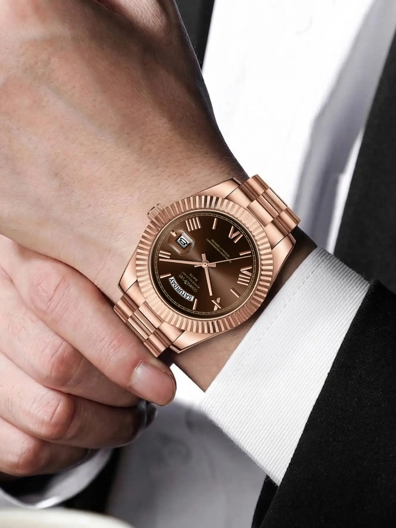Luxury Men's Watch, Luminous Analog Watch, Analog Quartz Wristwatch, Quartz Analog Timepiece, 40mm Rose Gold Dial, Stainless Steel Strap, Rotatable Quartz Movement, Waterproof, Night Glow, Boho Style