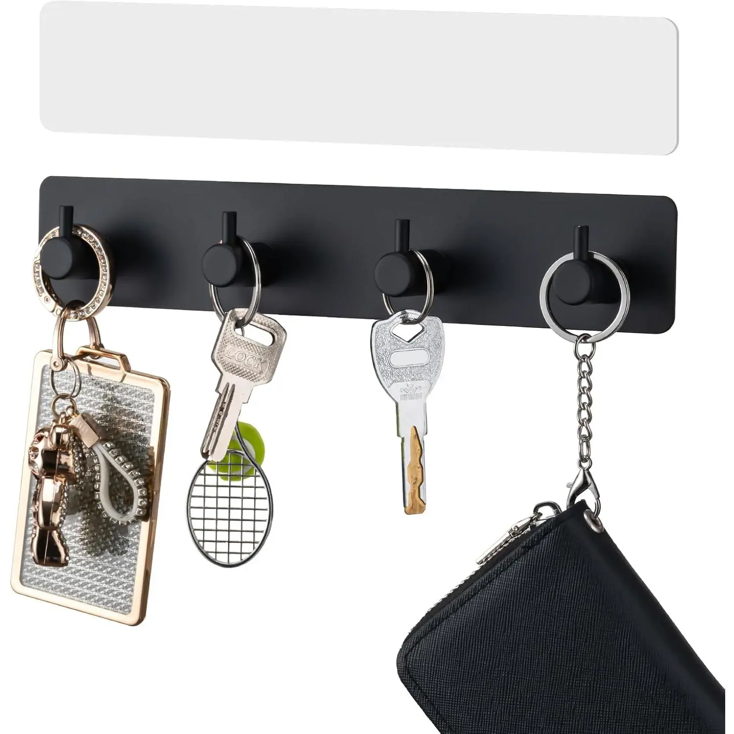 Key Holder with 4 Hooks,Adhesive Key Hanger Organizer for Wall Mount | Metal Key Rack with 2 Self-Adhesive Tapes for Entryway, Door, Bathroom, Kitchen(Black)