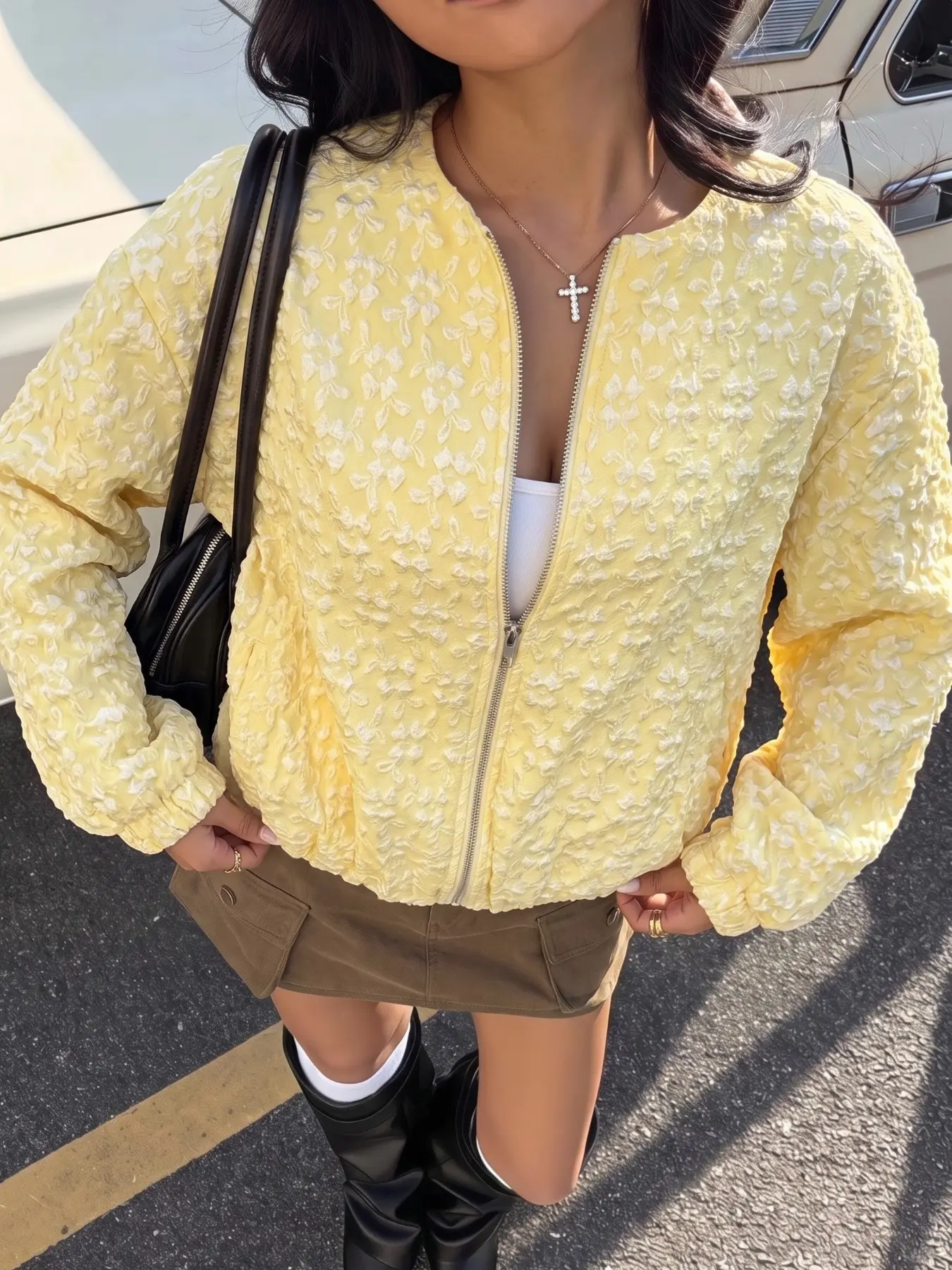 American Retro Light Yellow Floral Textured Crew-Neck Zip-Up Bomber Jacket Women Y2K Streetwear Viral Vibe