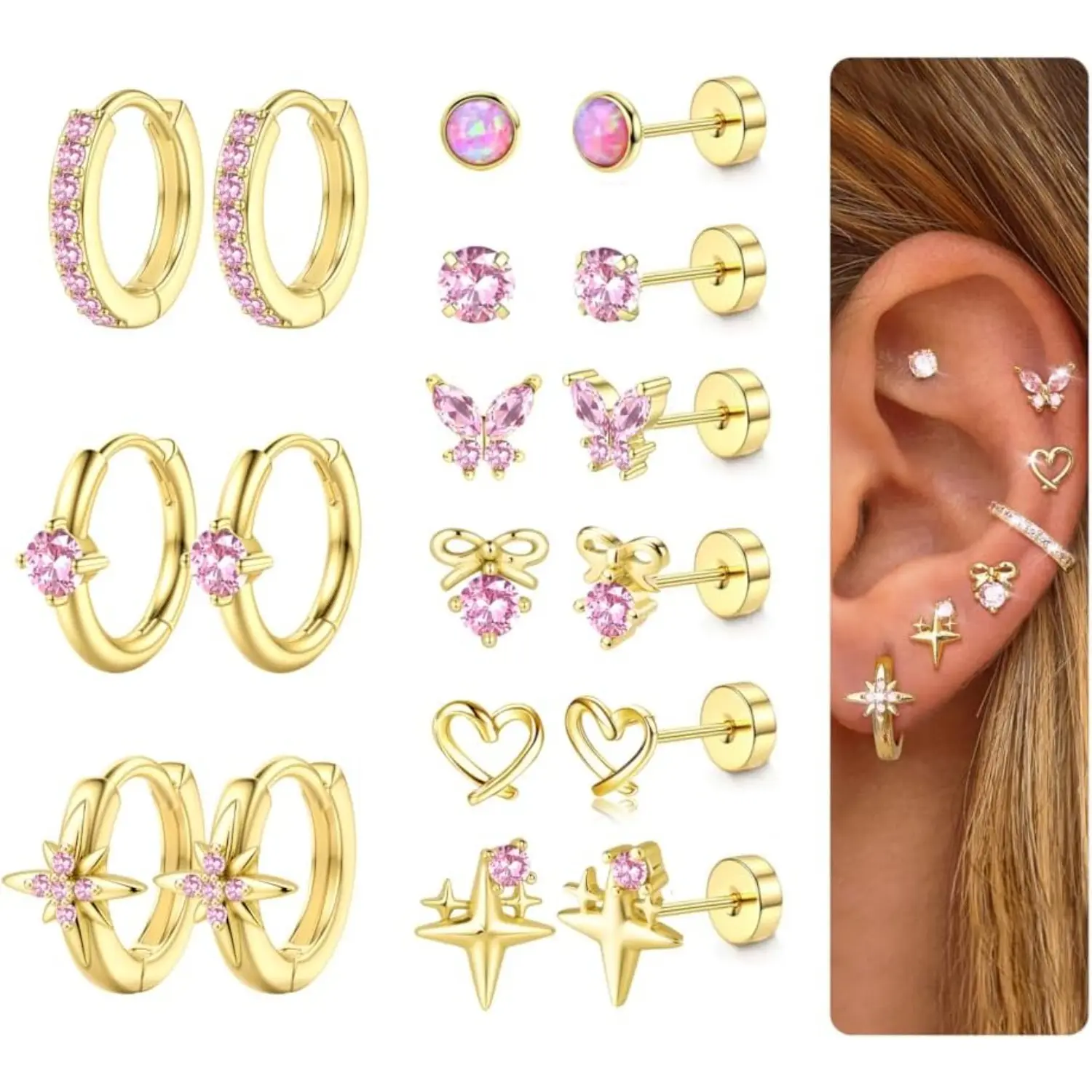 ORAZIO Hypoallergenic Flat Back Earrings for Women Men Surgical Steel Earring for Sensitive Ears, 14K Plated Gold Stainless Steel Flatback Stud Hoop Cartilage Earring Stacks for Multiple Piercing