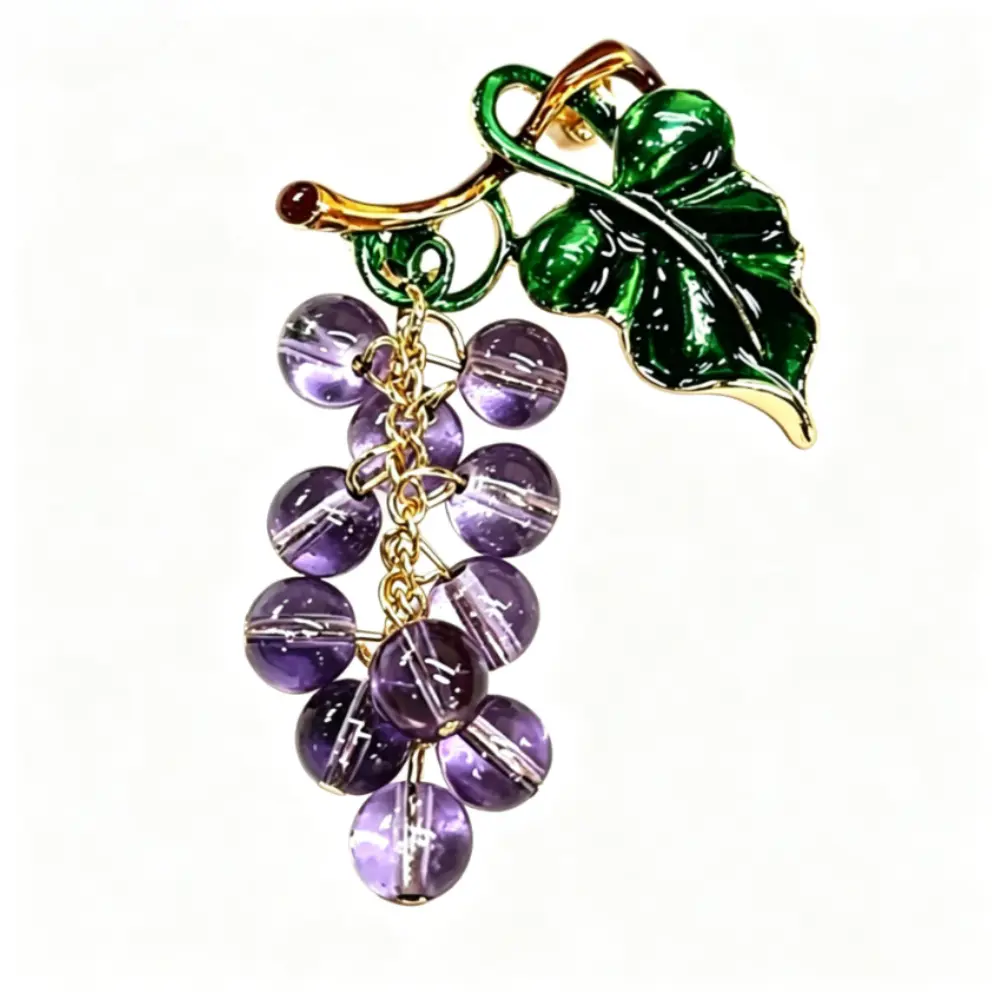 Gradient Green Leaf Purple Crystal Grape Dangle Enamel Gold Brooch Unisex Fruit Plant Lapel Pin Gift