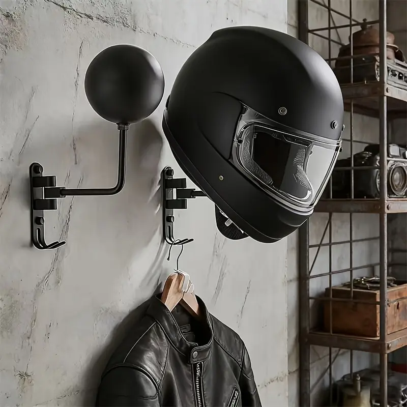 Rack Motorcycle Helmet Holder Wall-Mounted with 180 Degree Rotation, Comes with 2 Hooks Motorcycle Additions for Jackets, Hats, Footballs, Baseballs And Helmets