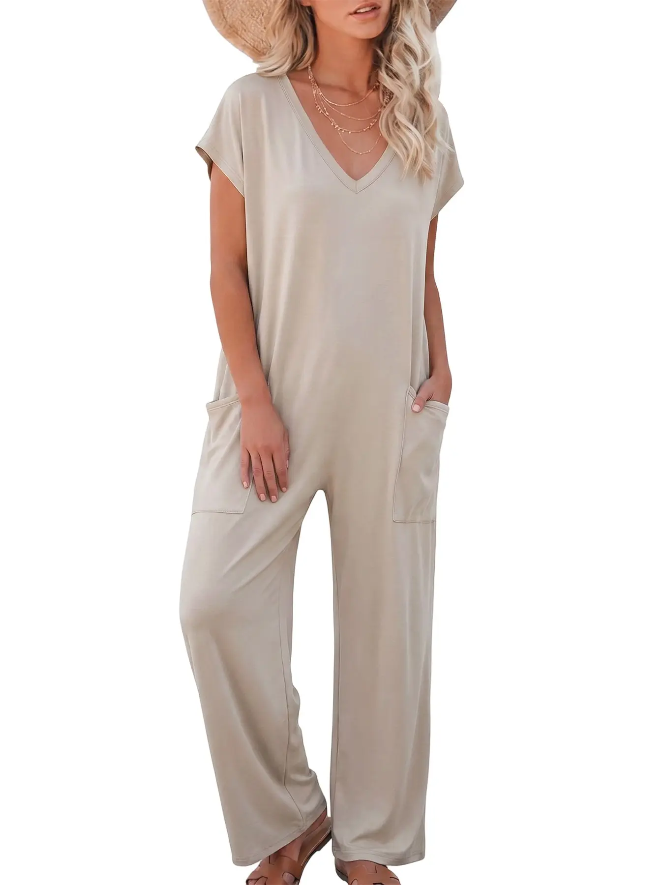 Women V Neck Short Sleeve Loose Wide Leg Jumpsuit, Casual Oversized Loungewear Romper, Ankle Length, Side Pockets, All Seasons