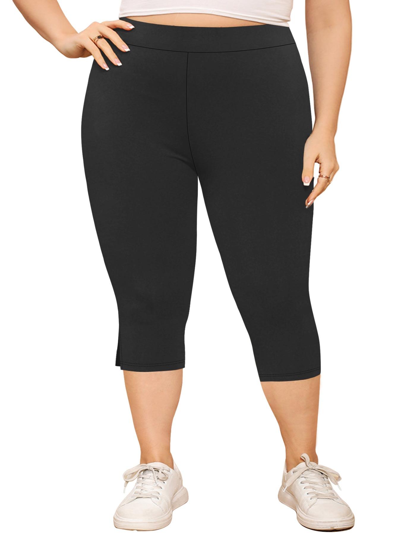 Plus Size Split Hem High Waist Capris Leggings, Casual Comfy Breathable Skinny Capris Pants for Yoga Gym Workout, Women's Bottoms for Summer