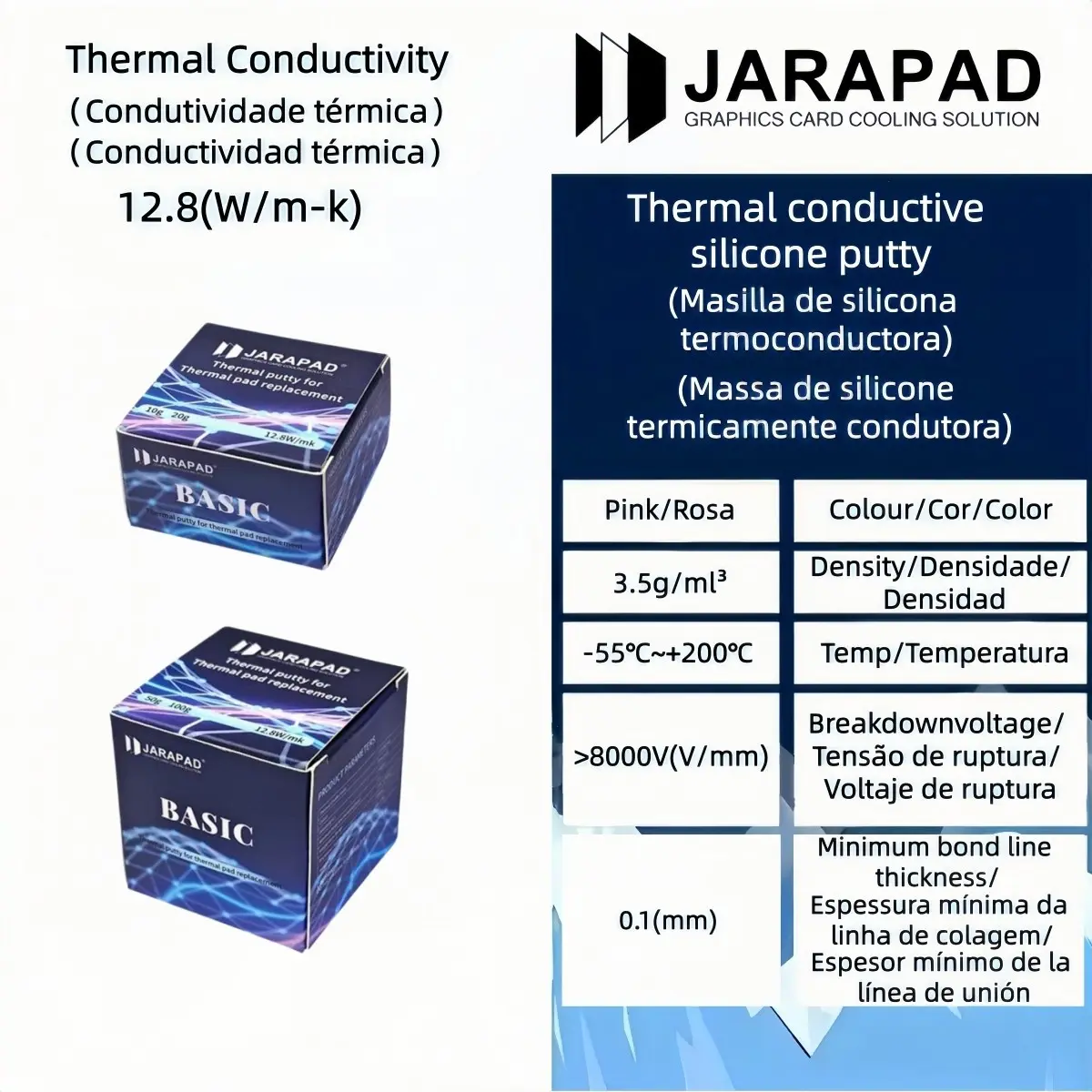 JARAPAD BASIC Thermal Putty, 12.8W/mK - A thermal pad alternative for GPUs, VGA, video memory, graphics cards, SSDs, and laptops. Semi-solid, non-conductive, with a scraper. Available in 10g/20g/50g/100g.