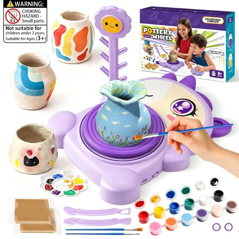 DIY Electric Pottery Wheel Craft Kit – Handmade Clay Spinning Toy Set, includes 2 packs of air-dry clay, painting tools, and a DIY bracelet-making material kit. Suitable for boys and girls aged 6–14, perfect as a Christmas or birthday gift.