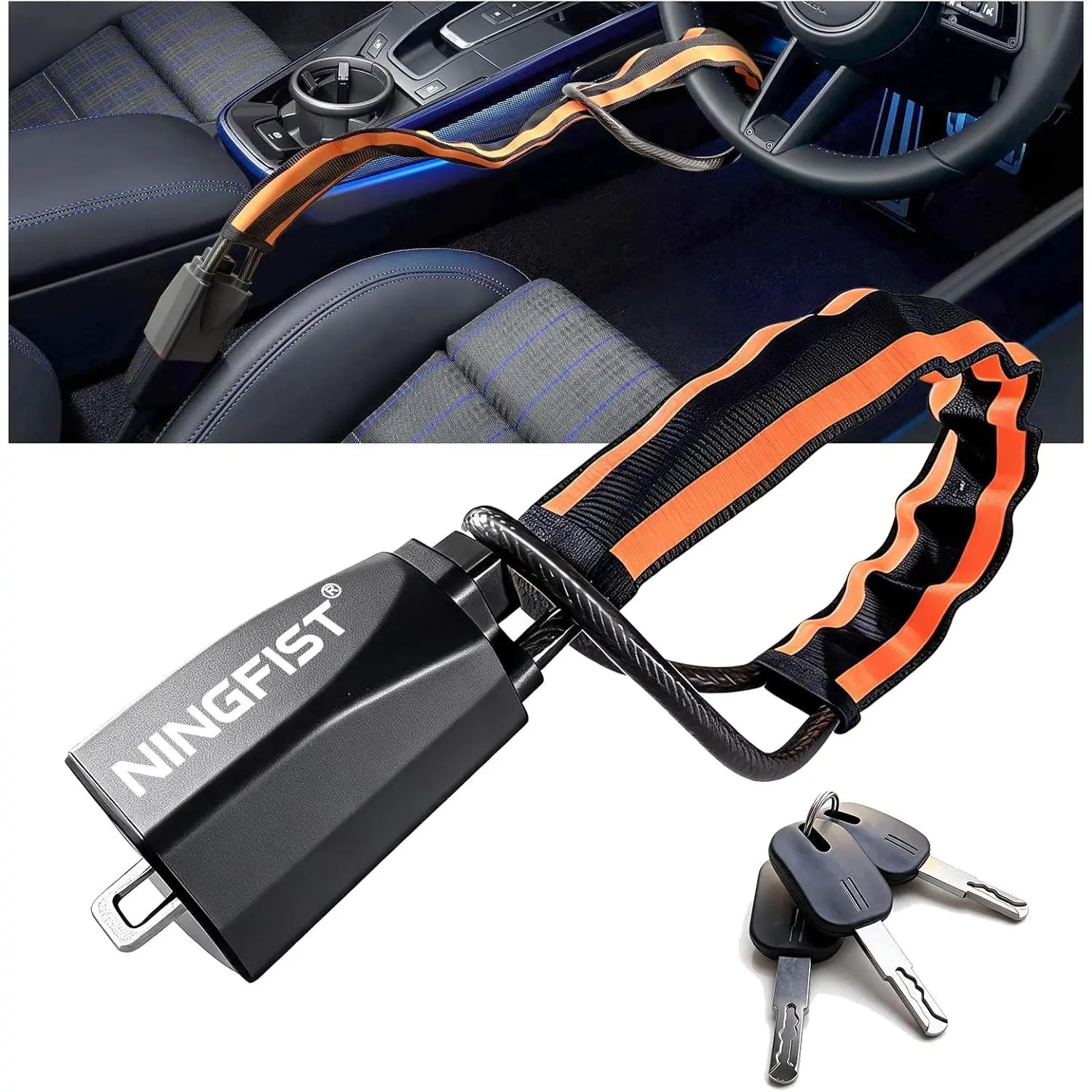 Steering Wheel Lock Anti-Theft Device, Heavy Duty Car Security Vehicle Lock with Keys, Universal Fit Adjustable Bright Orange Black for Cars Trucks SUVs