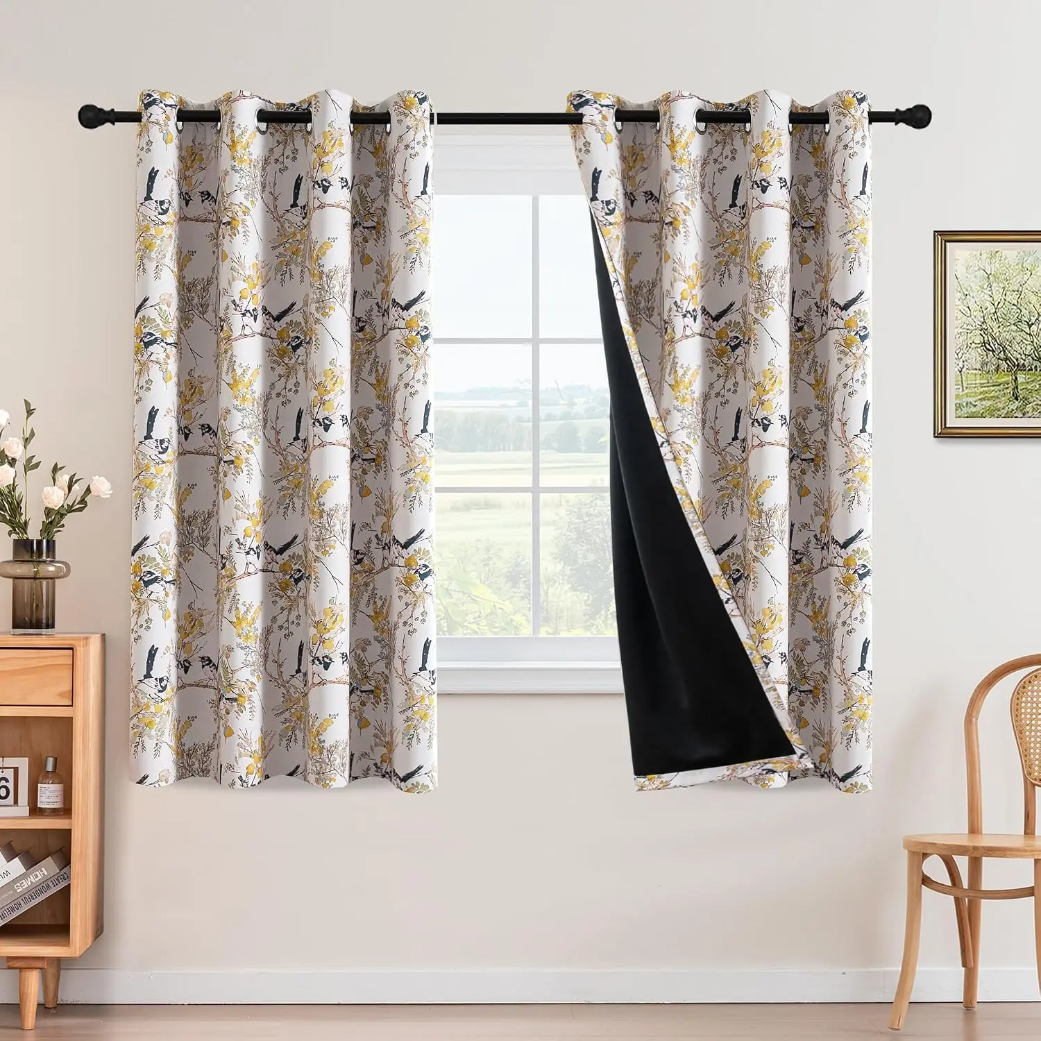 Floral  Blackout Curtains 63 inch Length 2 Panels  Curtain Drapes Light Blocking Grommet Patterned Thermal Insulated Yellow Flower Curtains for Living Room, Mustard/Black