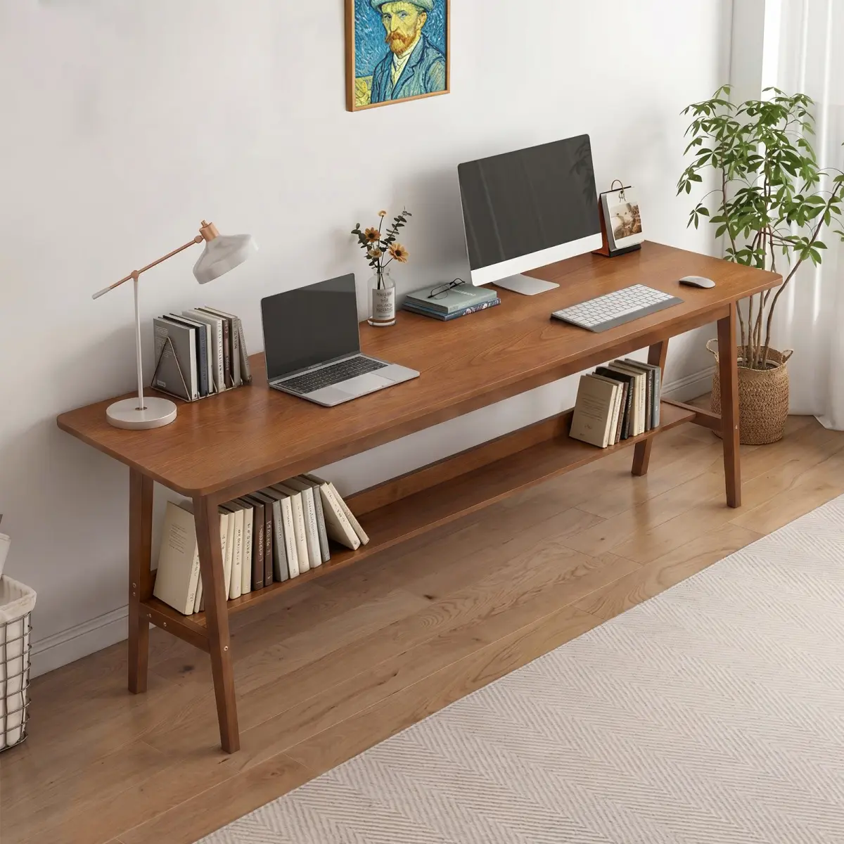 [Bellemave]  63" Simple Modern Extra Long 2 Person Computer Workstation, Mid Century Long Desk Table with Storage Shelves for Home Office Use in Walnut