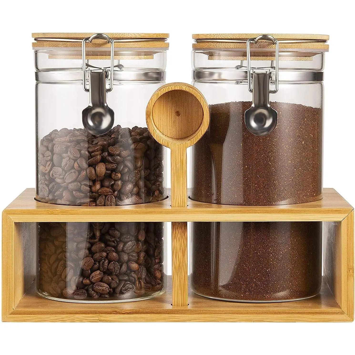 Coffee Container with Shelf: 2P 45OZ Glass Airtight Coffee Holder | Large Capacity Coffee Canister w/Wooden Scoop - Kitchen  Storage Jar for Ground Coffee//Sugar/Cereal/Nuts/Coffee Bar