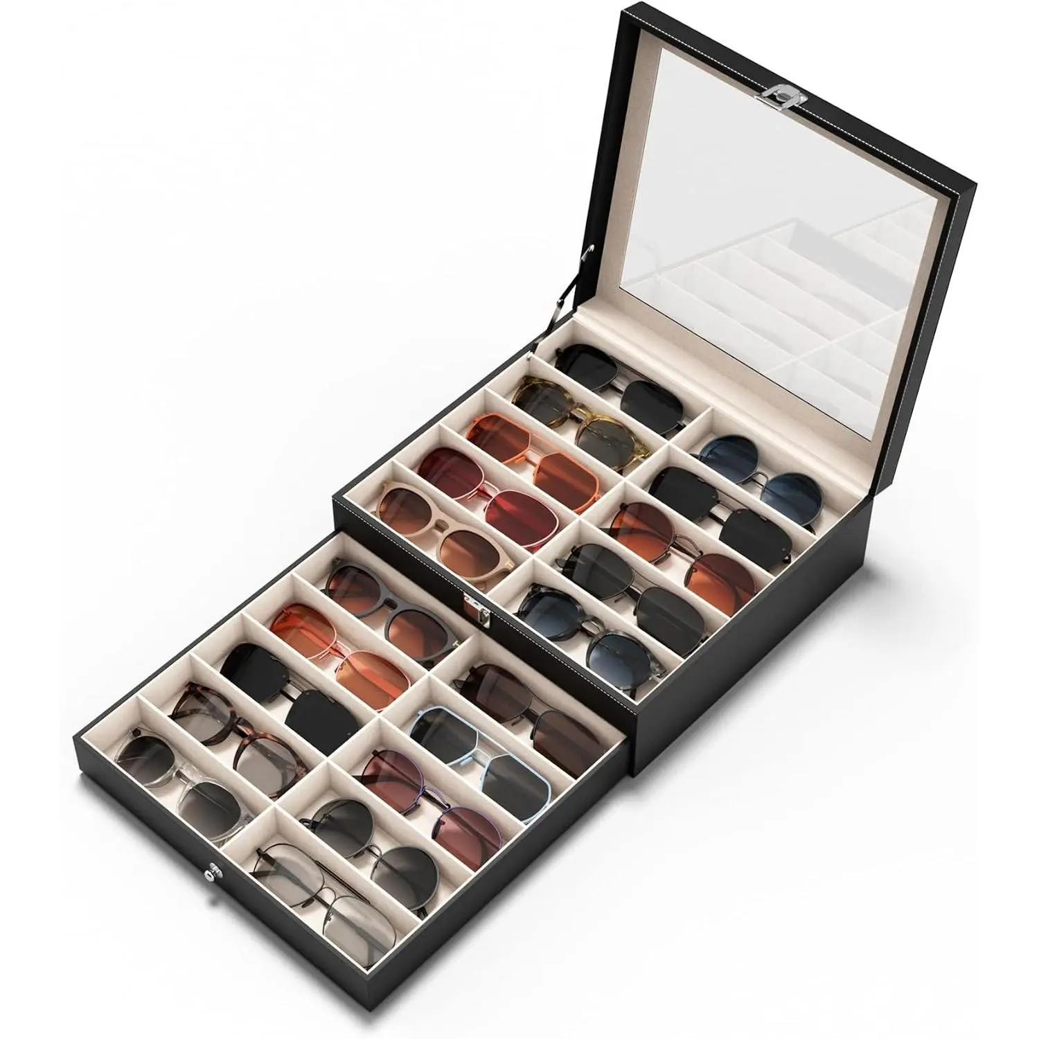 20-Slot Velvet Sunglass Organizer with Leather Cover, Window Display Shelf for Women & Men Eyeglass Storage Holder Case, Gift