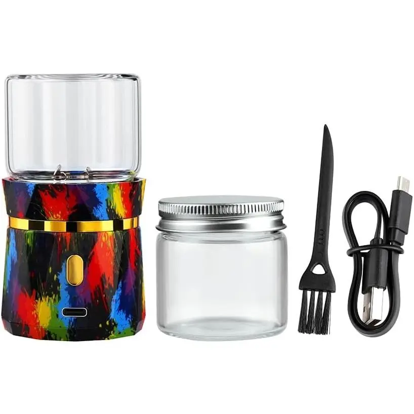 Electric Grinder, Small Spice Grinder Mini Size 2inx3.5inches with 2pcs 1.7oz/50ml Glass Jar Rechargeable Automatic Small Grinder