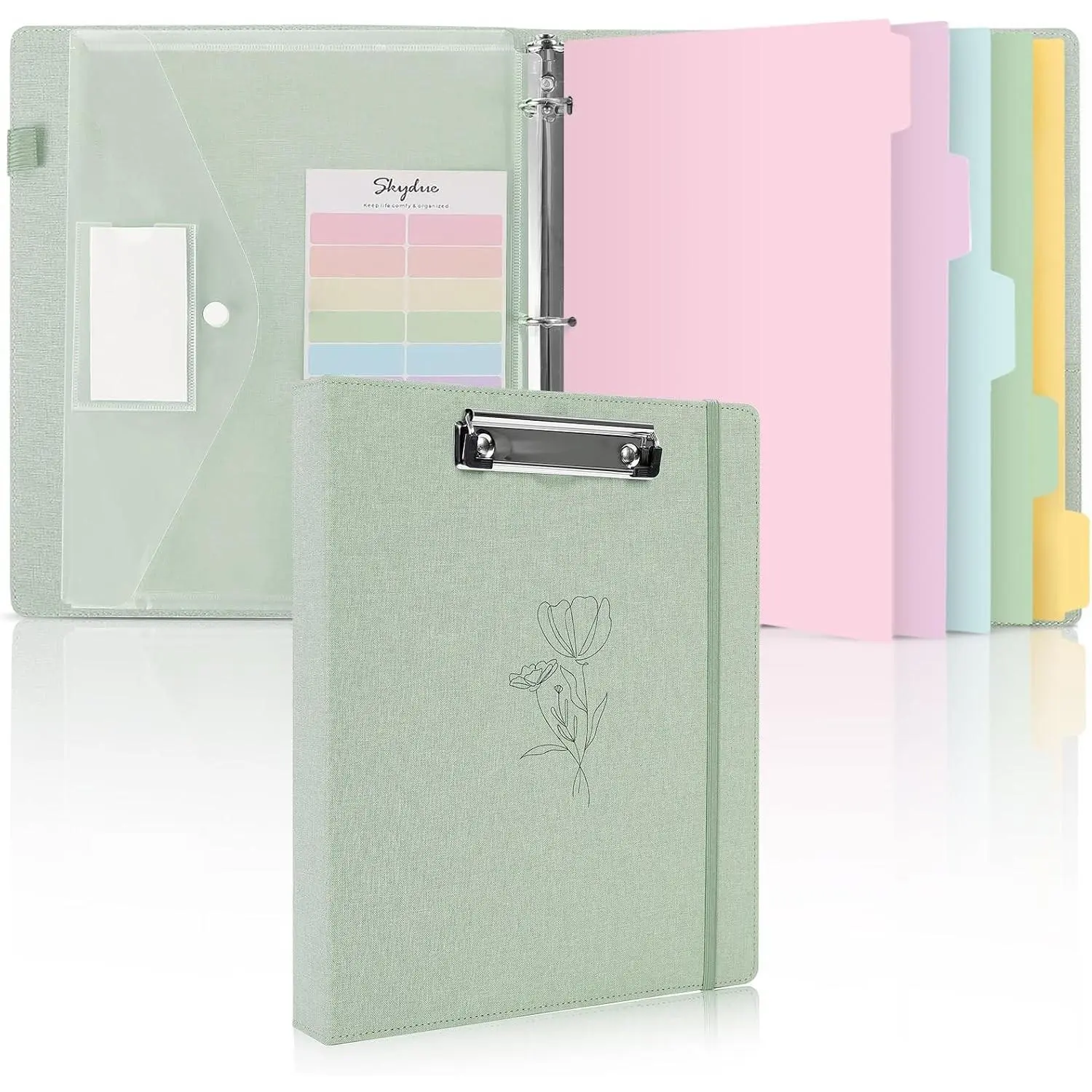 Clipboard Binder with Dividers,1 Inch Linen 3 Ring Binder with Clipboard on Front for Organizer, Clipboard Folder with Pocket, Labels Office Supplies OliveGreen