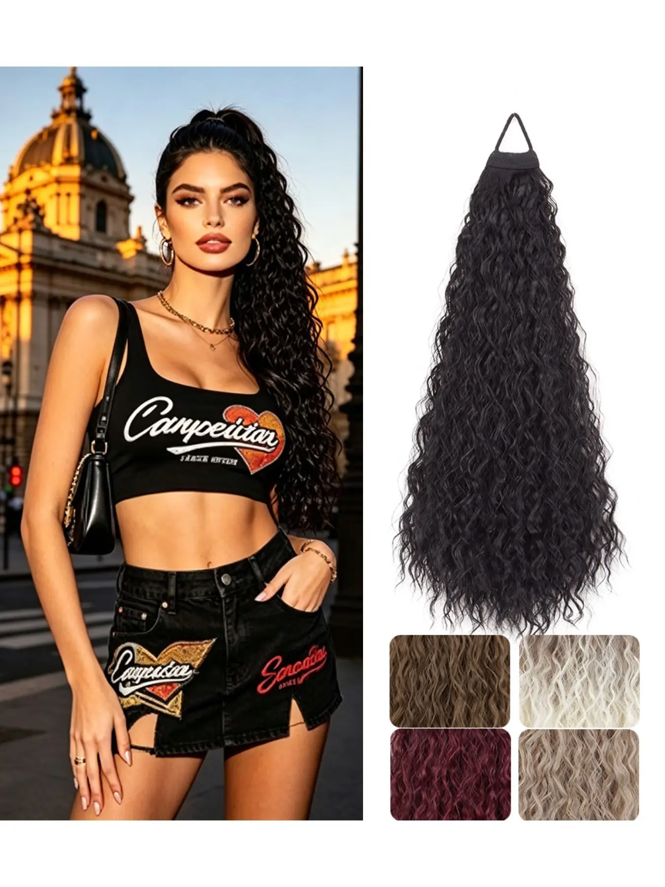 Women's Synthetic Long Wavy Ponytail Wig, High Heat Resistant Fiber, Elastic Design, Easy to Wear, Perfect for Daily Use