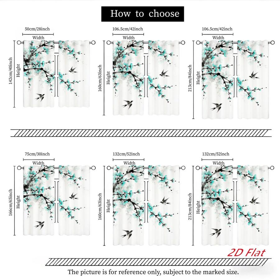 2Pcs Chinese Style Plum Blossom & Bird Pattern Decorative Sun Blocking Curtains Digital Printed Rod Pocket, Window Treatment For Bedroom Office Kitchen Living Room Study Home Decor