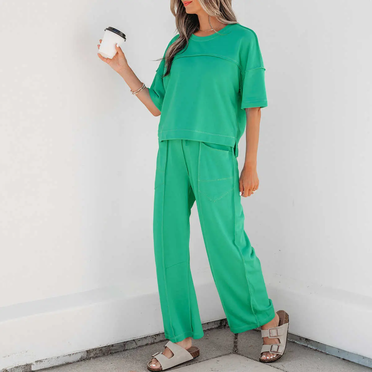 Mint Green Drop Shoulder Boxy Tee and Barrel Pants Set Women's Summer Lounge Outfit,travel essentials,camping essentials tiktokshopbacktoschool
