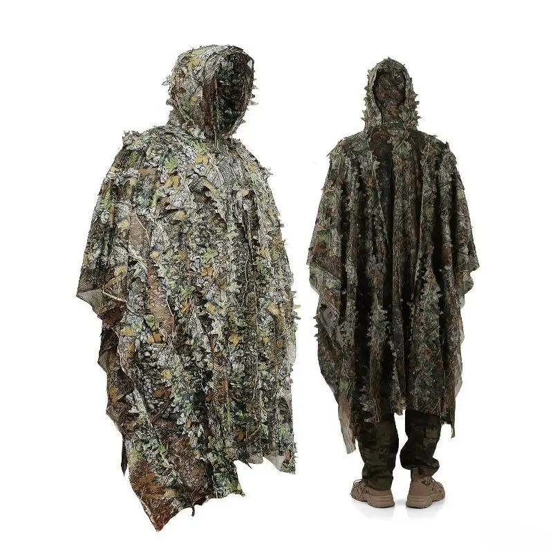Adults' Hooded Ghillie Poncho with Realistic 3D Autumn Leaf Camouflage, Breathable Polyester Mesh with Pockets for Hunting & Outdoor Activities, Blends Into Natural Environments