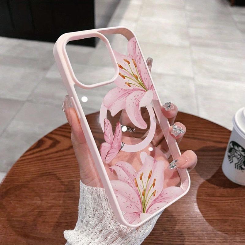 Pink Lilies Magnetic Phone Case for iPhone 17/16/15/14/13/12 Pro Fashionable Pattern Design Transparent Shockproof Classic Gift Ultra-Thin Protective Smartphone Cover Lotus