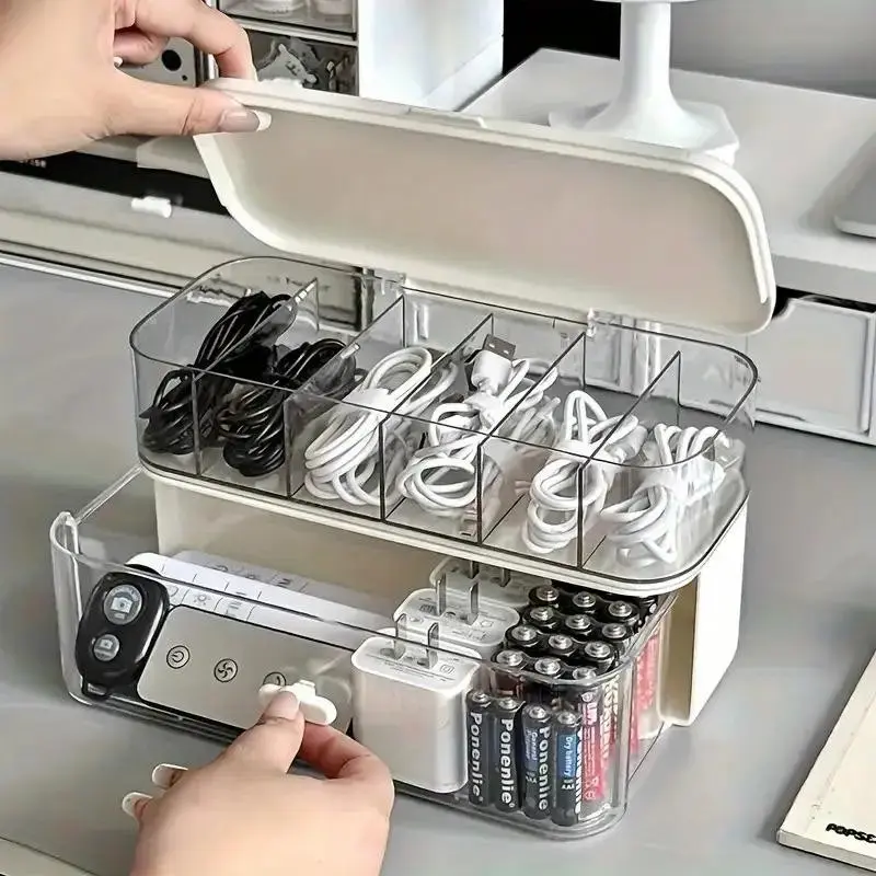 Double-Layer Transparent Desk Cable Organizer Box 📦 - Compact Wire/Charger Storage for Home & Office, Adjustable Dividers + Cable Management Pouch, Sturdy Workspace Organizer, Black Friday Deal: Ideal Halloween Gift for Remote Workers/Professionals 🎁