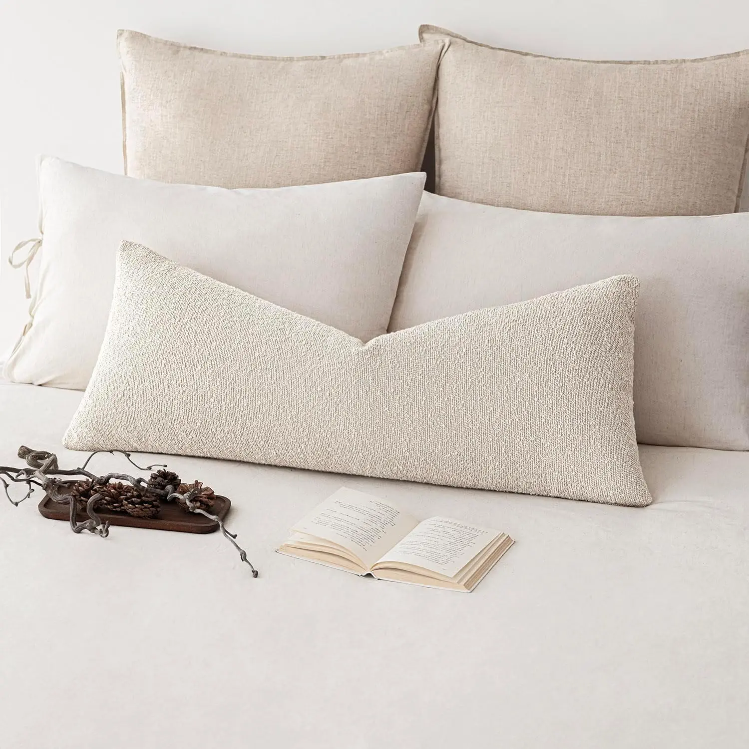 Decorative Textured Boucle Throw Pillow Covers Accent Solid Pillow Cases Neutral Long Body Lumbar Couch Cushion Case for Chair Sofa Bedroom Living Room Home Decor 14x36 Inch,1PC,Light Beige