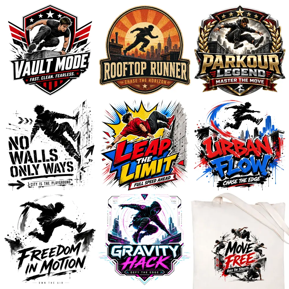 9 Pcs Urban Fantasy Iron-On Transfers (Iron-On Paper) - Vault Mode Rooftop Runner Parkour Legend Themed, Washable DTF Heat Transfer Stickers for Hoodie, T-Shirt, Jeans DIY Clothing Crafts (Home Decor Supplies)
