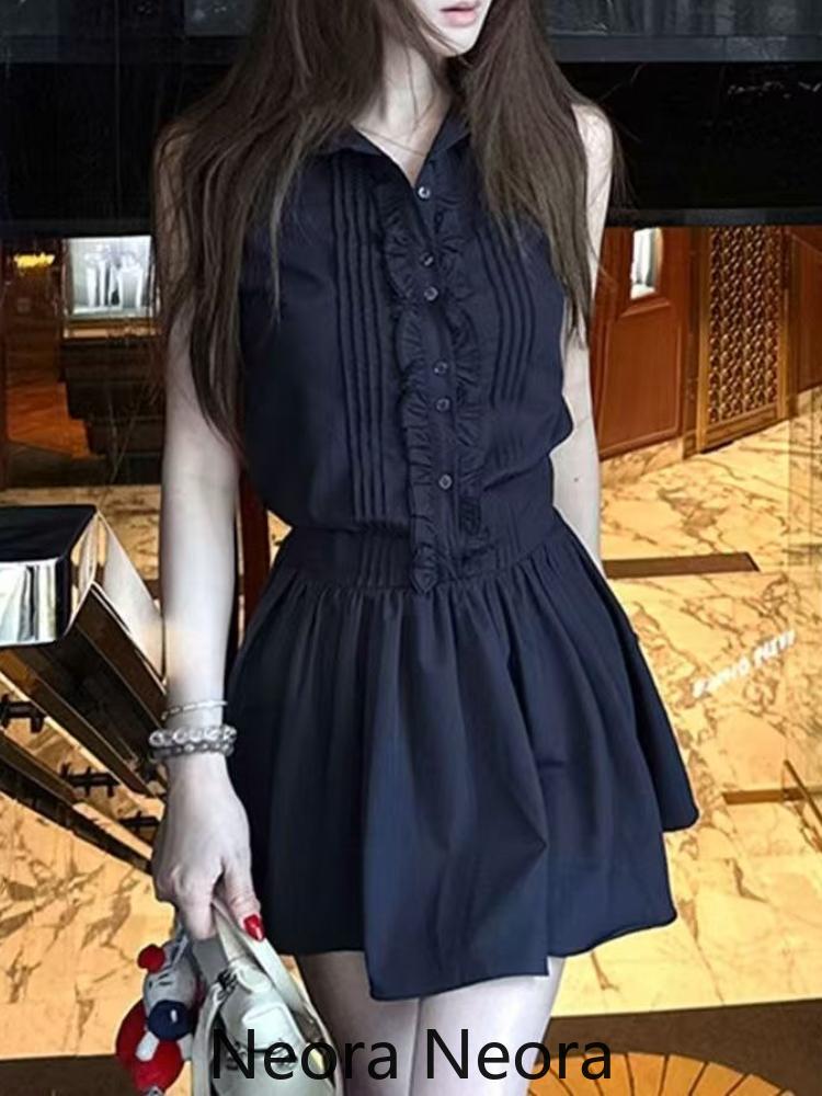 2025 Summer High Street Vintage Thin Dress Women Design Chic Loose Sleeveless Lapel Dresses Female Retro Casual Shirt Outfits