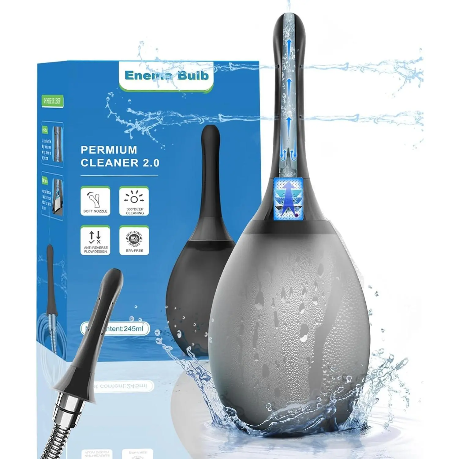Enema Bulb Douche for Men, Anal Douche with 7 Soft Silicone Nozzles & Anti-Backflow Valve, Portable Shower Douche Intimate Hygiene Rinse Kit Personal Cleaning Device(Black)