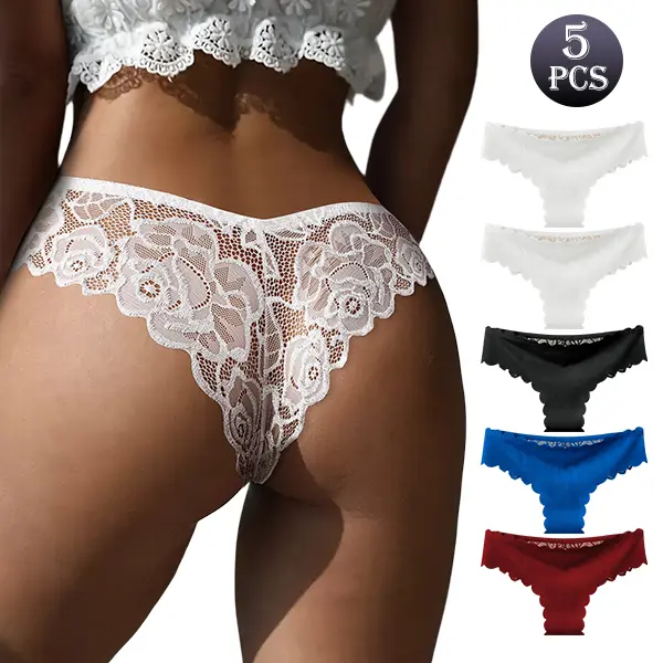 Women 4/5Pcs Mid Rise Floral Lace Thong Panties,Elegant Hollow Lace Underwear,High Stretch Soft Skin-Friendly Underpants, Breathable Moisture Wicking Anti-Chafe Summer Briefs,All-Day Comfort Undies Suitable for Daily Life Work Commute Holiday Beach Trip