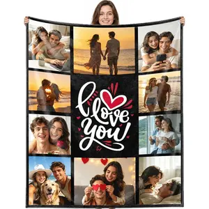 Custom Photo Blanket with Pictures and Text, Personalized Fleece Throw Blanket, Soft 280GSM Photo Blanket Gift for Dad Mom Couple and Fathers Day