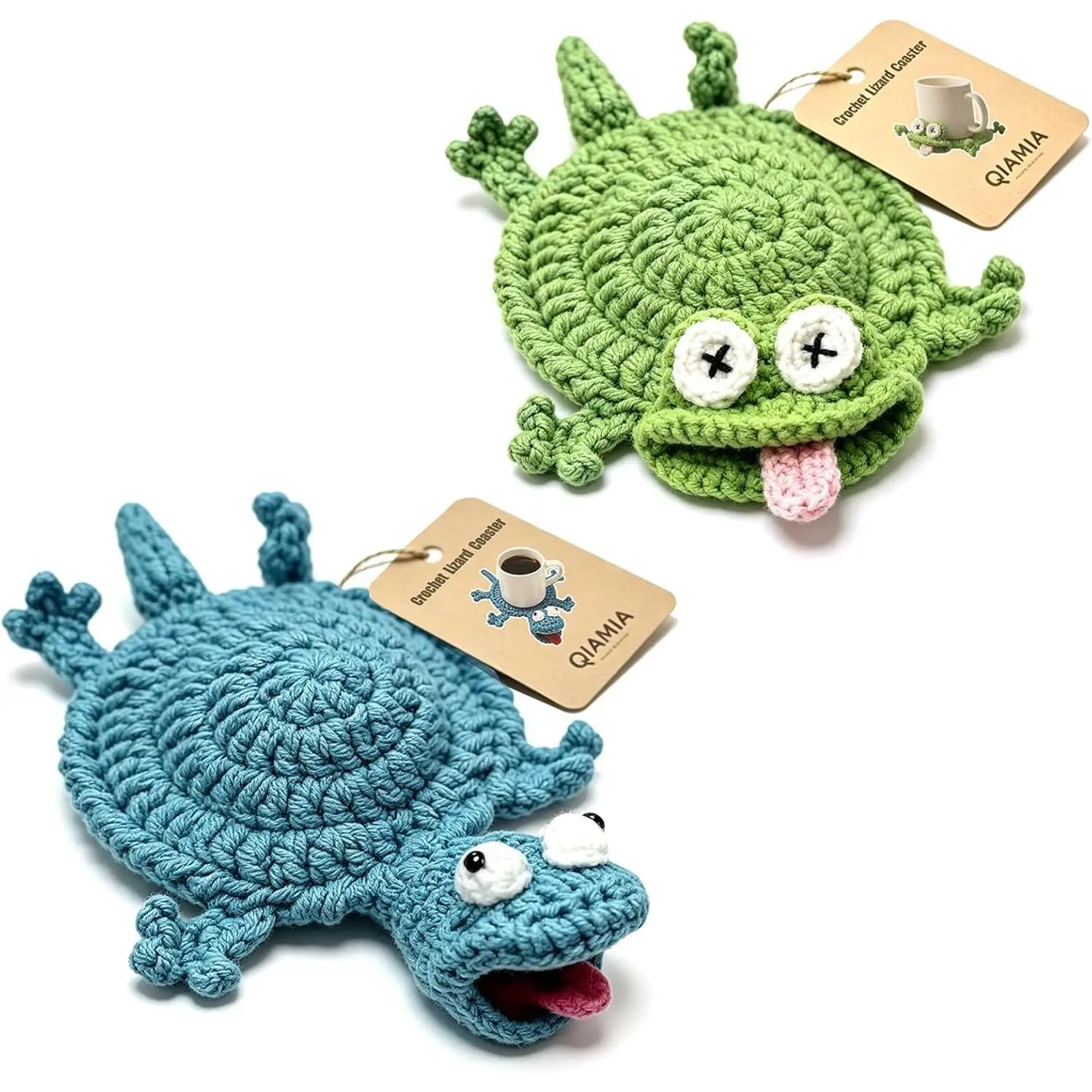 Funny Crochet Lizard Coaster, Handmade Animal Mug Rug Coaster, Cute 3D Amigurumi Drink Mat for Coffee Table Desk Home Decor Housewarming Gift (Blue+Green)