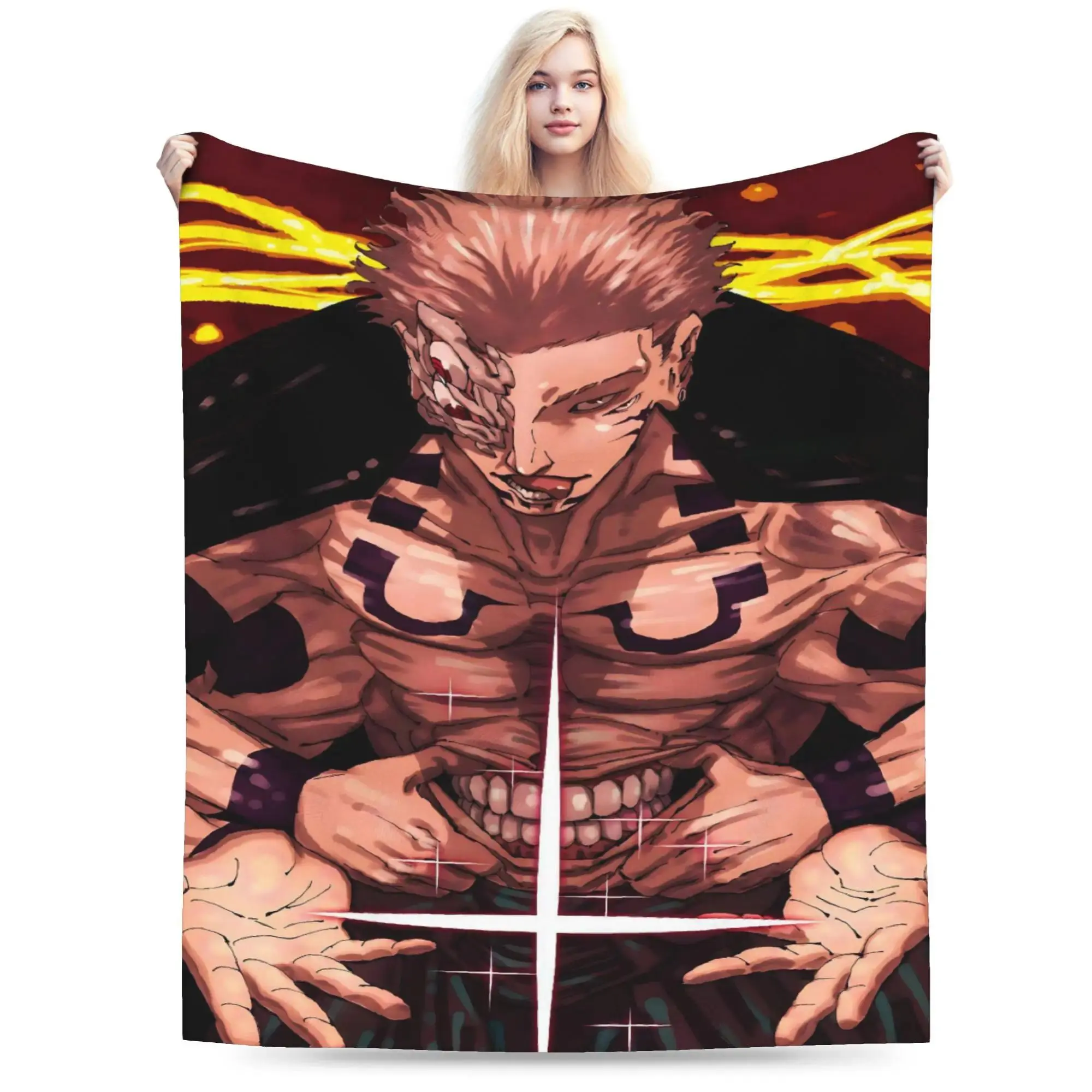 Sukuna Ryomen Jujutsu Kaisen Microfiber Poly Flannel Blanket - Anime Print, Jujutsu Theme, Fading Resistant Warm Throw for Anime Fans, Couch & Bed