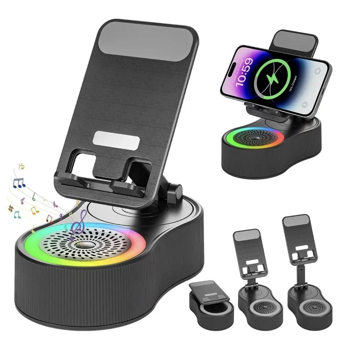 5-in-1 Multifunctional Bluetooth Smartphone Home Audio Speaker - Wireless Induction Stereo, Phone/Tablet Stand, Rechargeable Emergency Power Bank, 8 RGB Ambient Lighting, 360° Adjustable Holder, Surround Audio - Ideal Father's Day Gift for Home Use