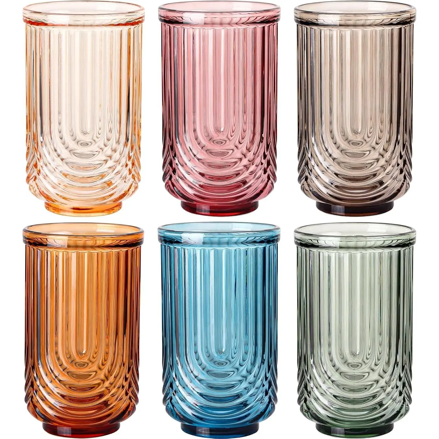 Colored Vintage Glassware Set of 6-17Oz Colorful Water Drinking Glass, Art Deco Ripple Highball Glass, Whiskey Cocktail Glasses, for Bar Ice Coffee Juice, Housewarming Gift
