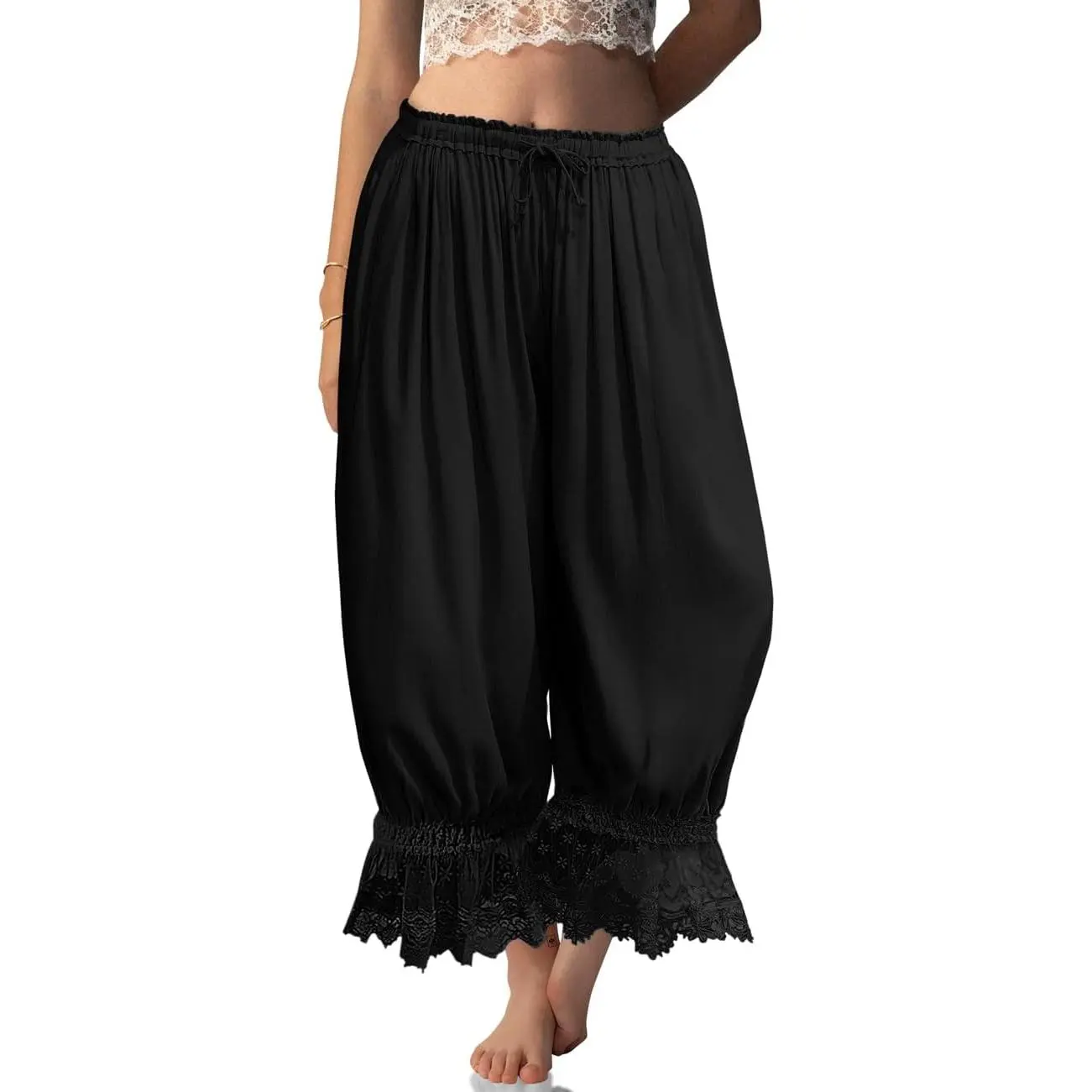Victorian Lace Trim Bloomers for Women, Cute Linen-Blend Ruffle Pantaloons, Cropped Pajama Pants for Beach Vacation, Halloween Cosplay, Wide Leg, Shirt, Oversized