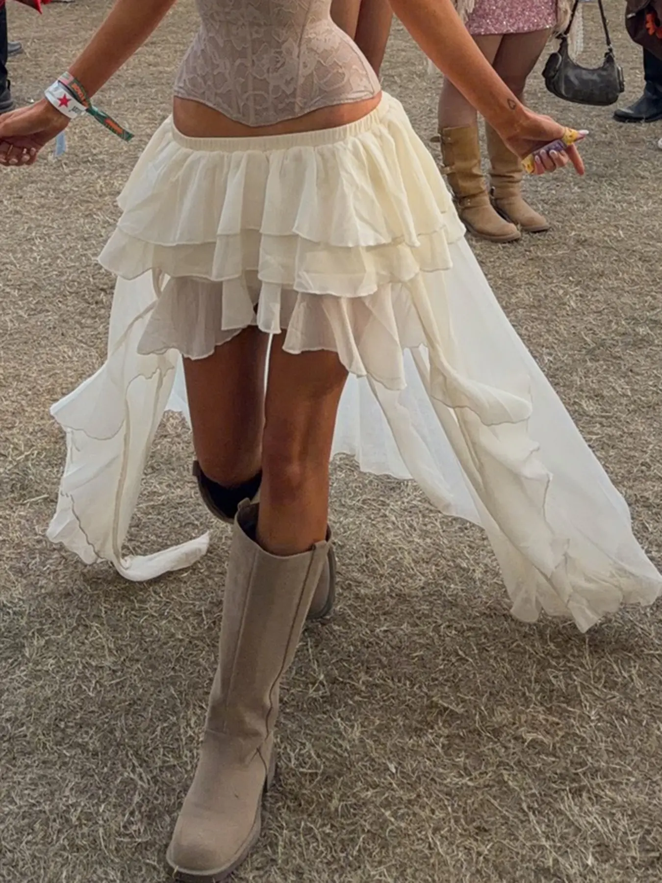 Elegant Chiffon Ruffled Hem Loose Bohemian Style Skirt, Casual Boho Skirt, Trendy Beach Vacation Style Casual Bottoms, Music Festival Wear Party Fashionable Chic Women's Outfits