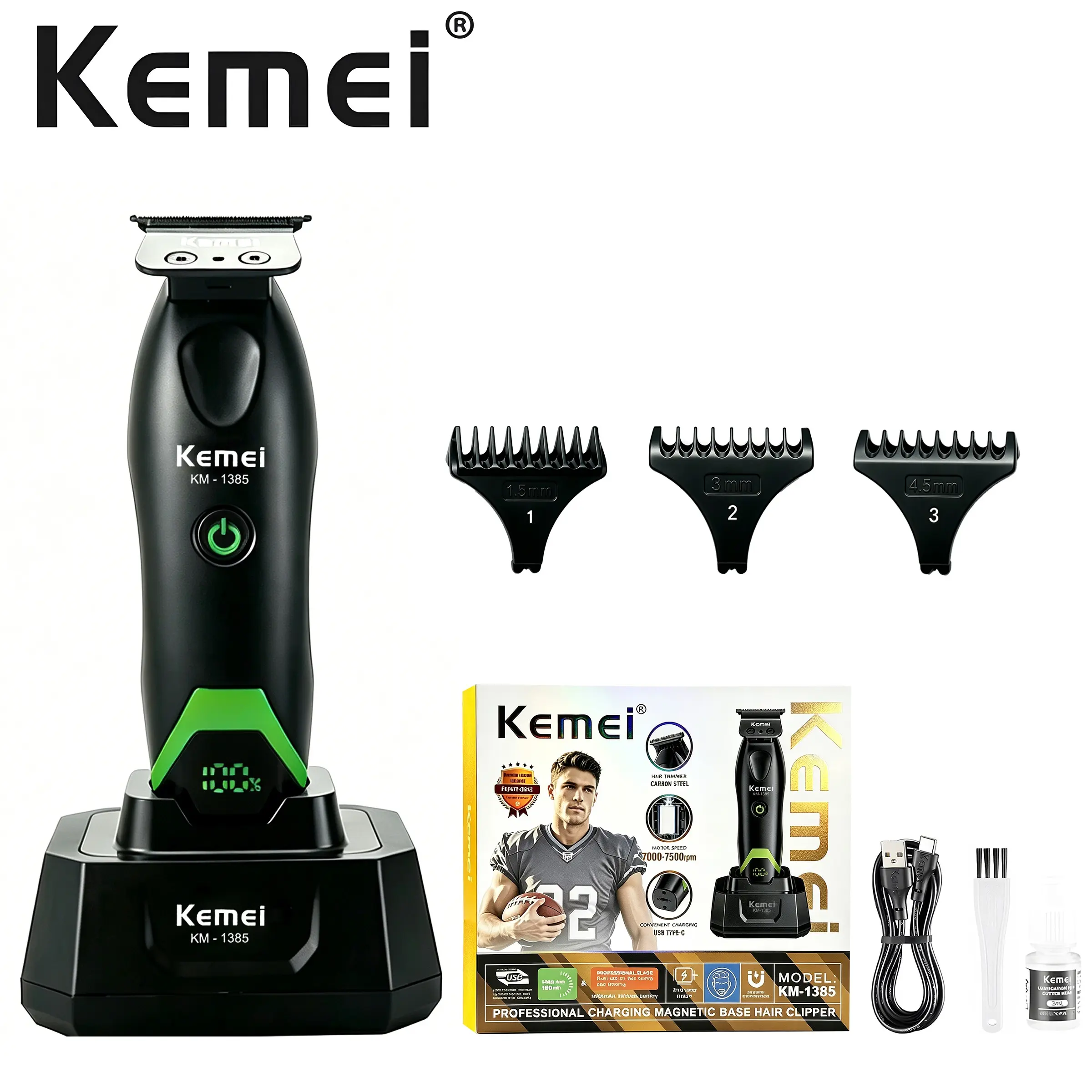 Kemei Km-1386 Hair Clipper and Shaver, Cordless Hair Clipper, LED Display, Original Charging Base, Dlc Wear-Resistant Blade, Ideal for Salons, Stylists, Home Use