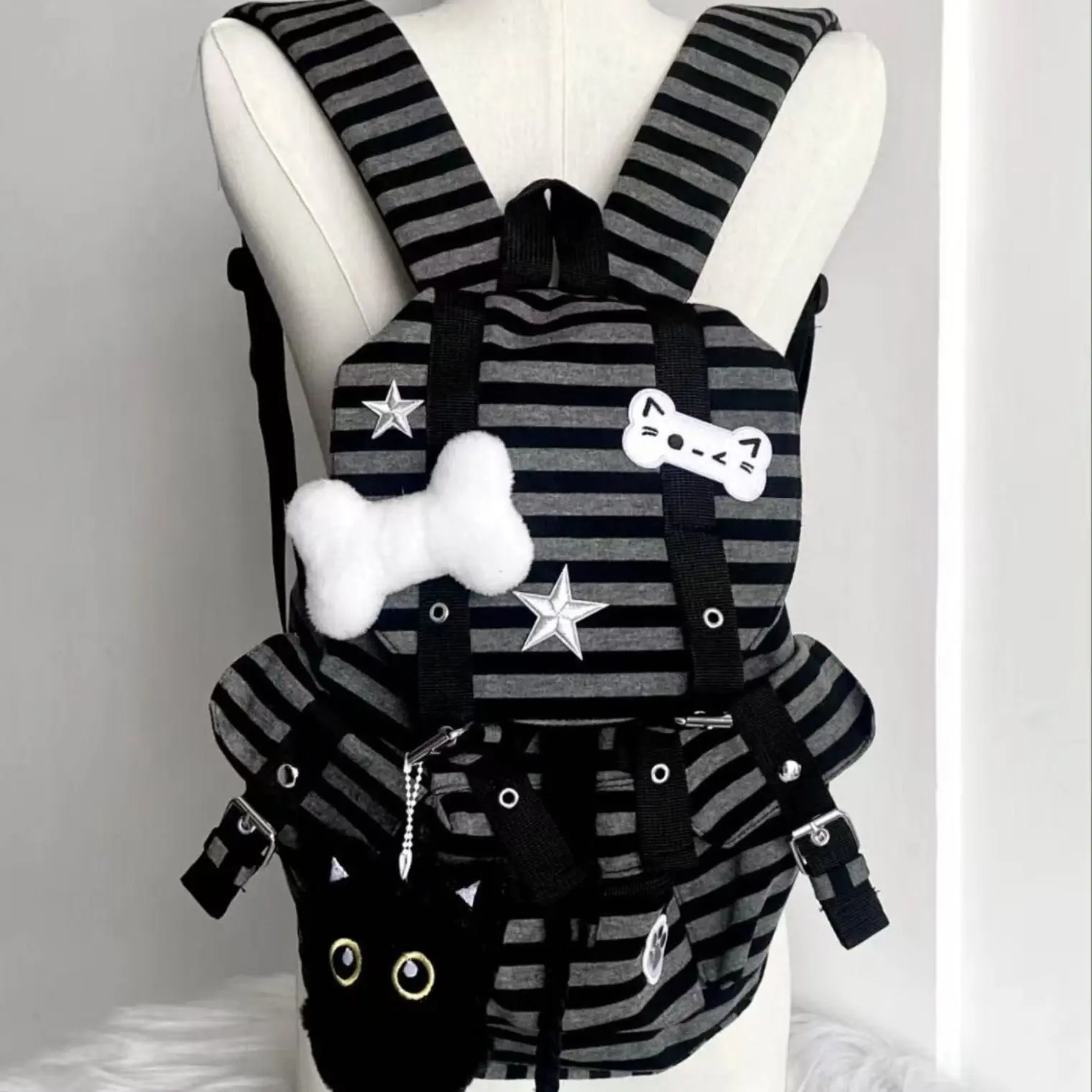 Y2K Grunge Striped Backpack for School Travel, Harajuku Punk Gothic School Bag with Cute Plush Cat Bone Charm, Kawaii Anime Multi-Pocket Bookbag Daypack for Teen Girls