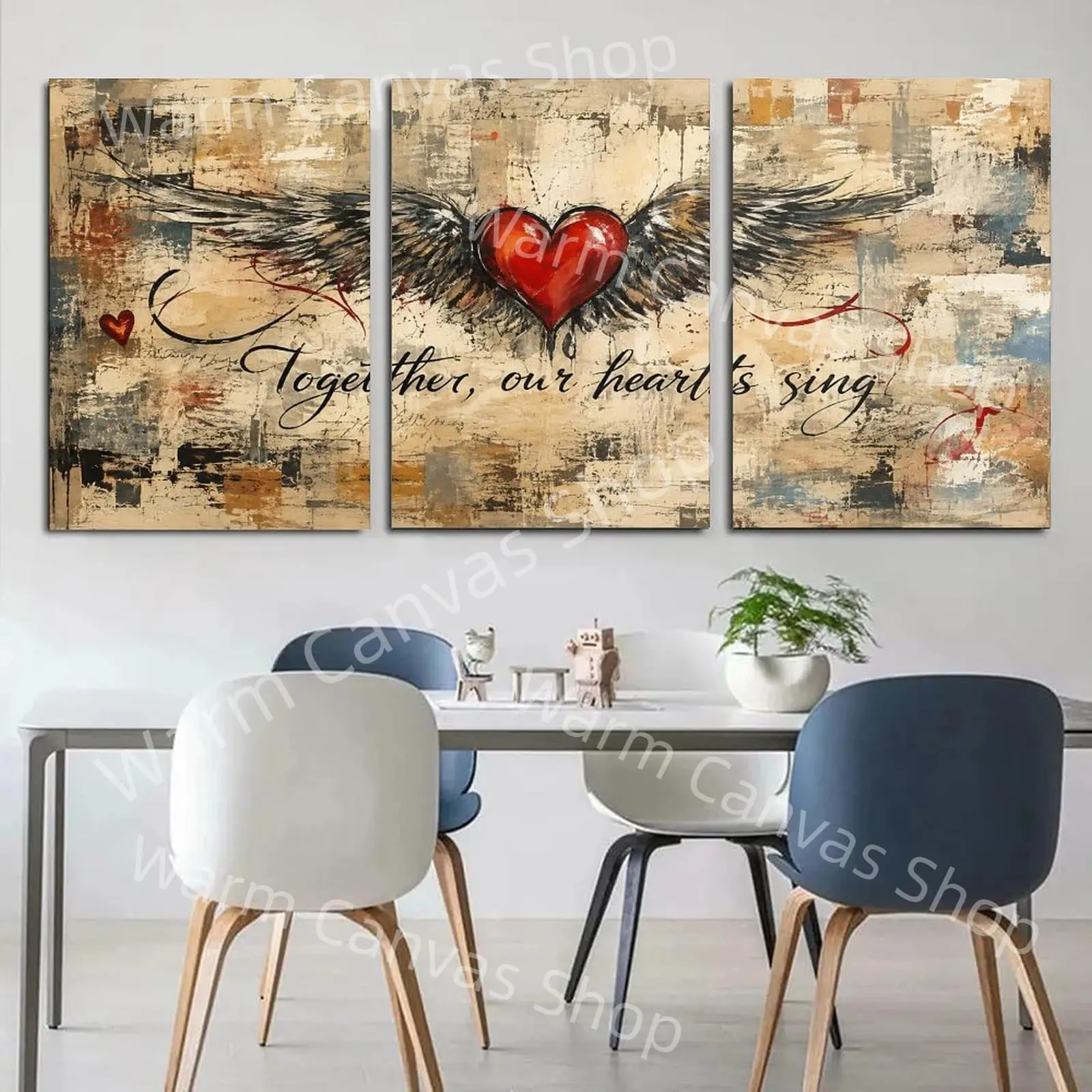 Winged Red Heart Triptych Canvas Wall Art, Romantic Love Quote Aesthetic Poster, Vintage Beige Living Room Decor, Bedroom Wall Art, Office Wall Decor, Couple Anniversary Housewarming Gift