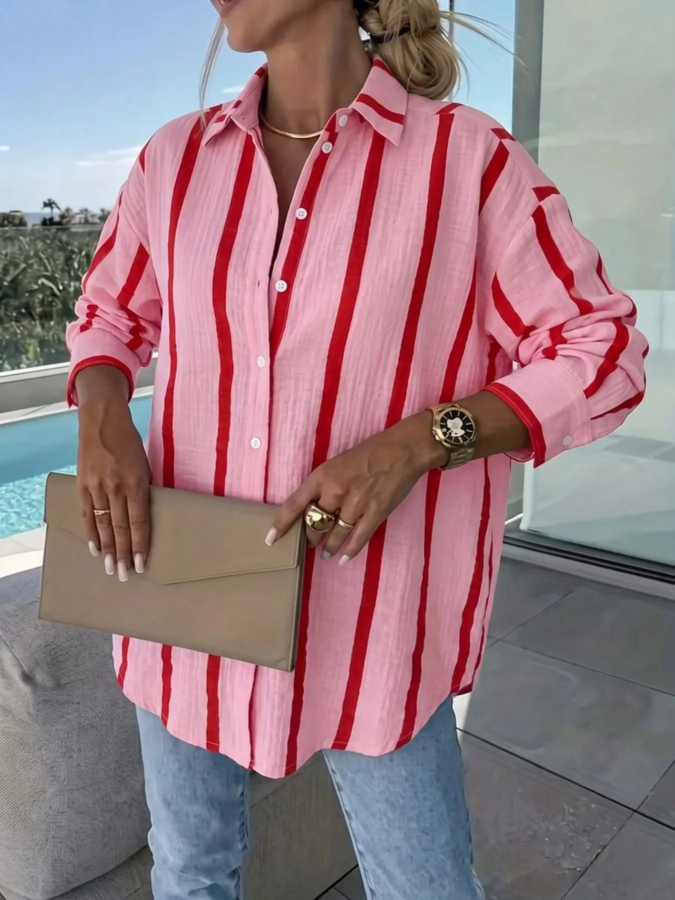 Women's Pink Red Vertical Stripe Collared Button Down Shirt, Loose Long Sleeve Crinkle Textured Blouse, Relaxed Fit Casual Streetwear Tops, Breathable Lightweight Shirt for Daily Outing Vacation Beach Shopping Holiday Loungewear Outfits, Trendy Versatile
